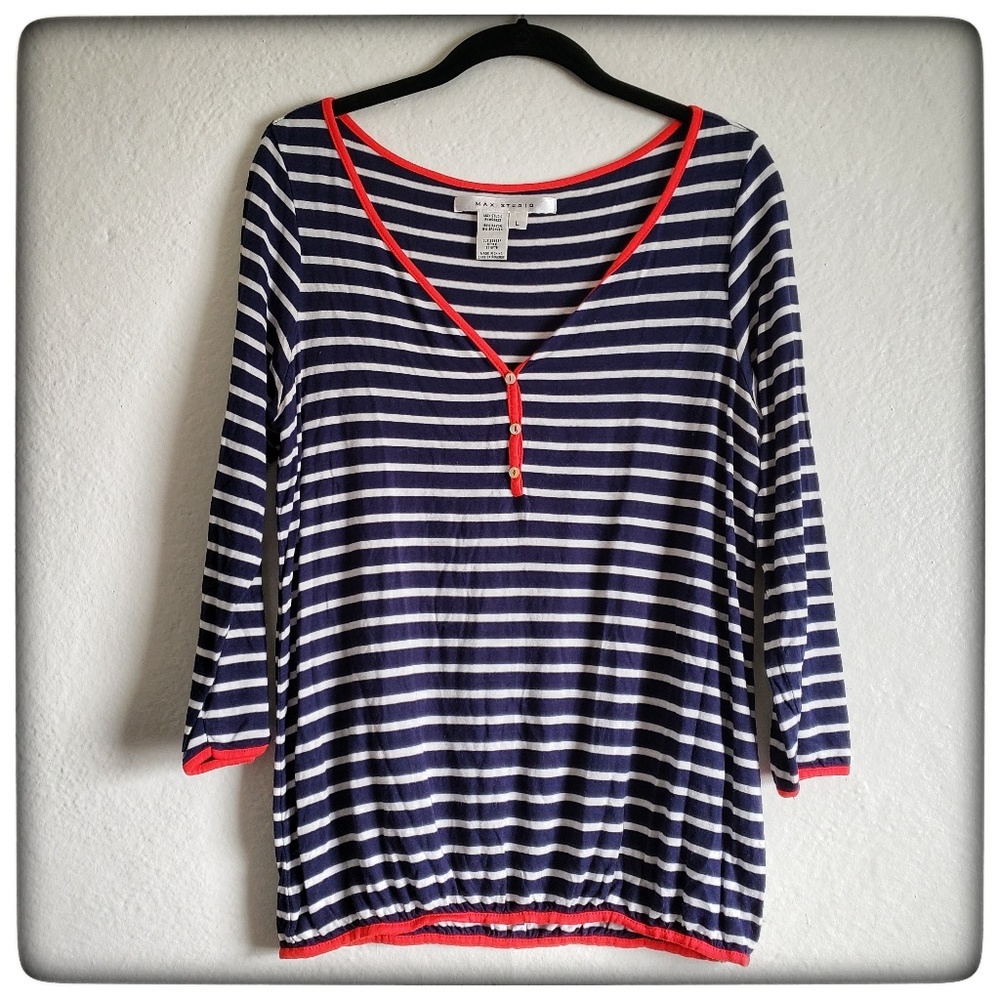 Max Studio Navy Striped 3/4 Sleeve Top, Large